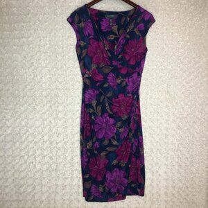 Lauren‎ Floral Print Dress V-Neck Ruched Bodycon Casual Purple Size
